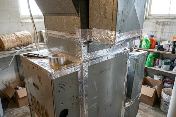 Clean furnace blower area with foil tape sealing duct seams