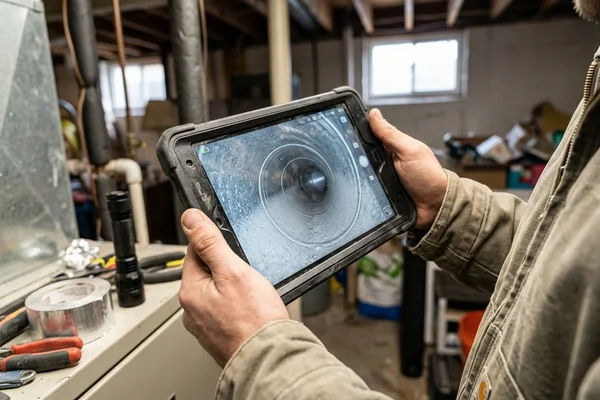Technician viewing the inside of a supply duct on an inspection camera screen