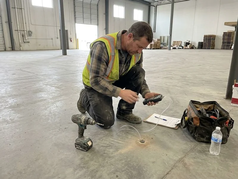 Technician running pressure field extension diagnostics in a basement