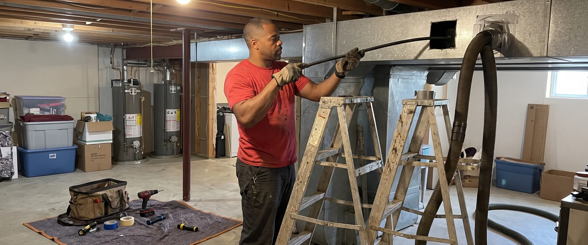 Technician cleaning a main supply duct in a Des Moines basement with a rotary brush and vacuum hose