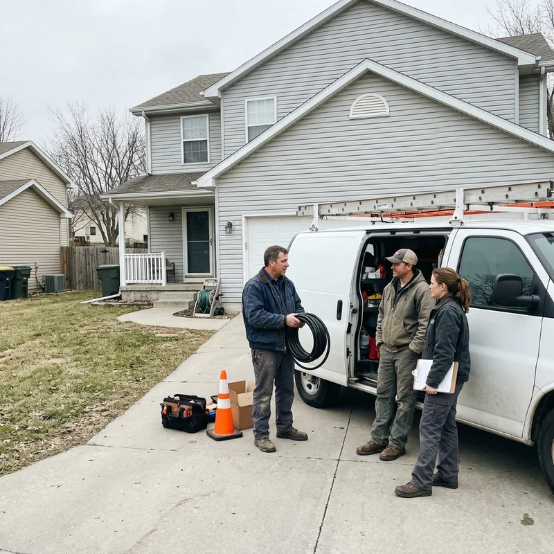Radon Mitigation Des Moines technicians beside the company service van
