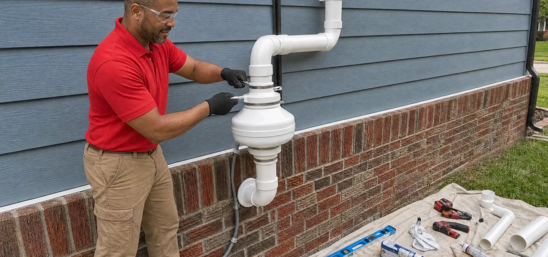 Radon mitigation pipe and fan installed on the exterior of a two-story Des Moines home